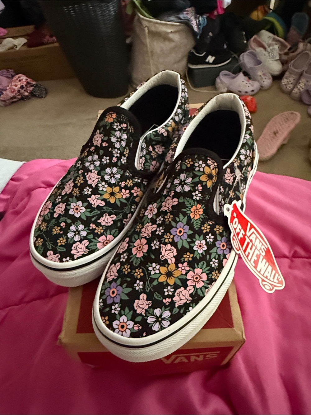 Vans Black Slip-On Sneakers with Pink, Purple & Yellow Floral Print